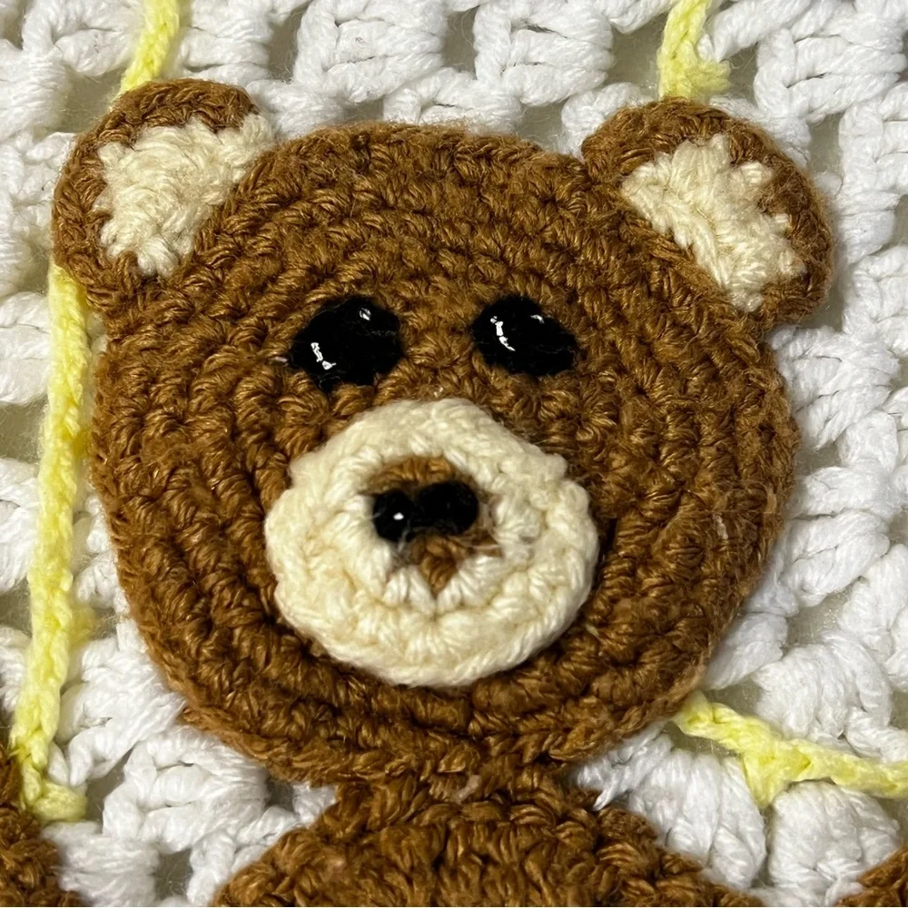 VTG Handmade Crochet Granny Square Teddy Bear and Balloons Baby Blanket Afghan